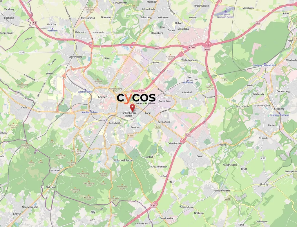 Map showing cycos AG office location at Viktoriaallee 13, Aachen